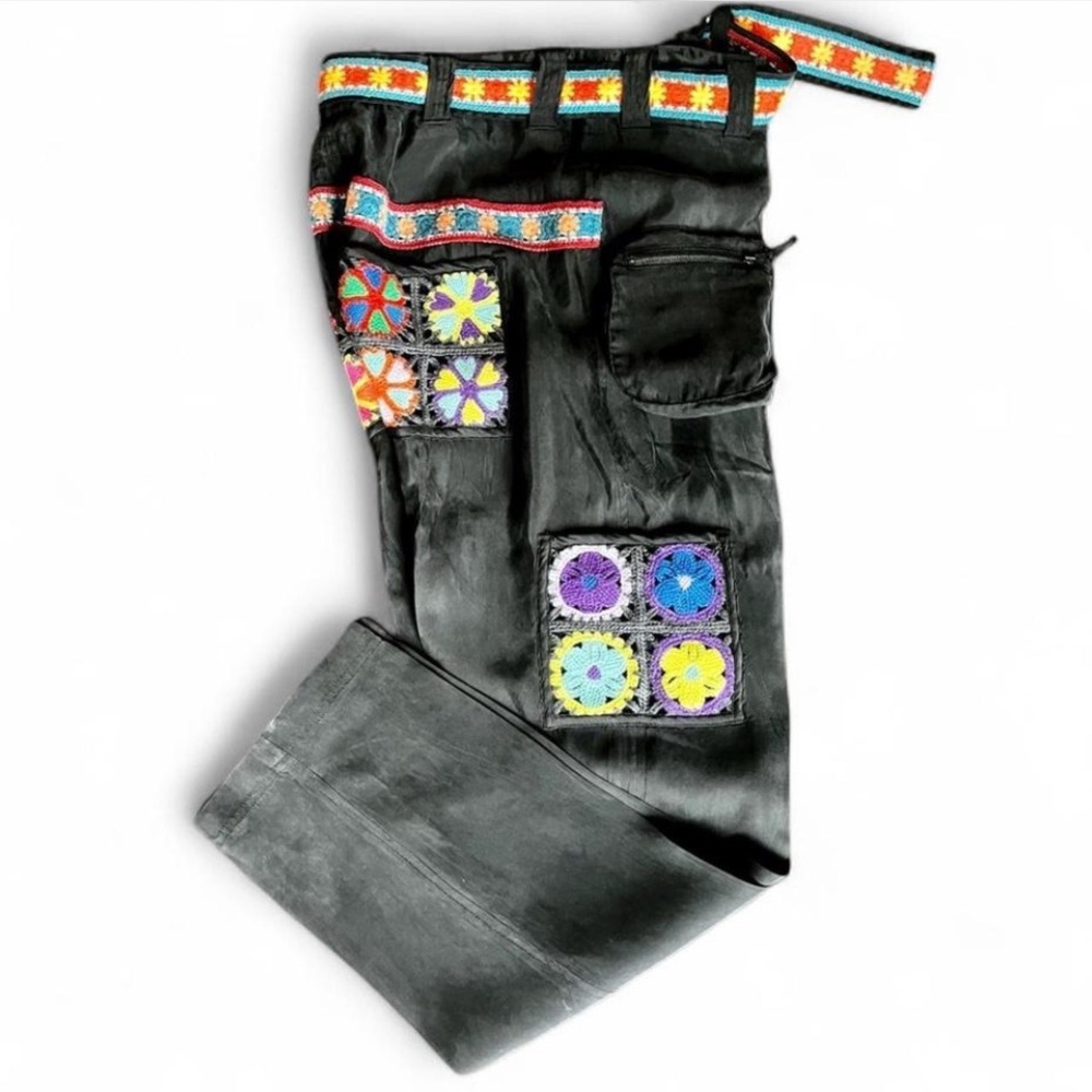 Johnny Was Black Silky Granny Quilt Square Pants, XS